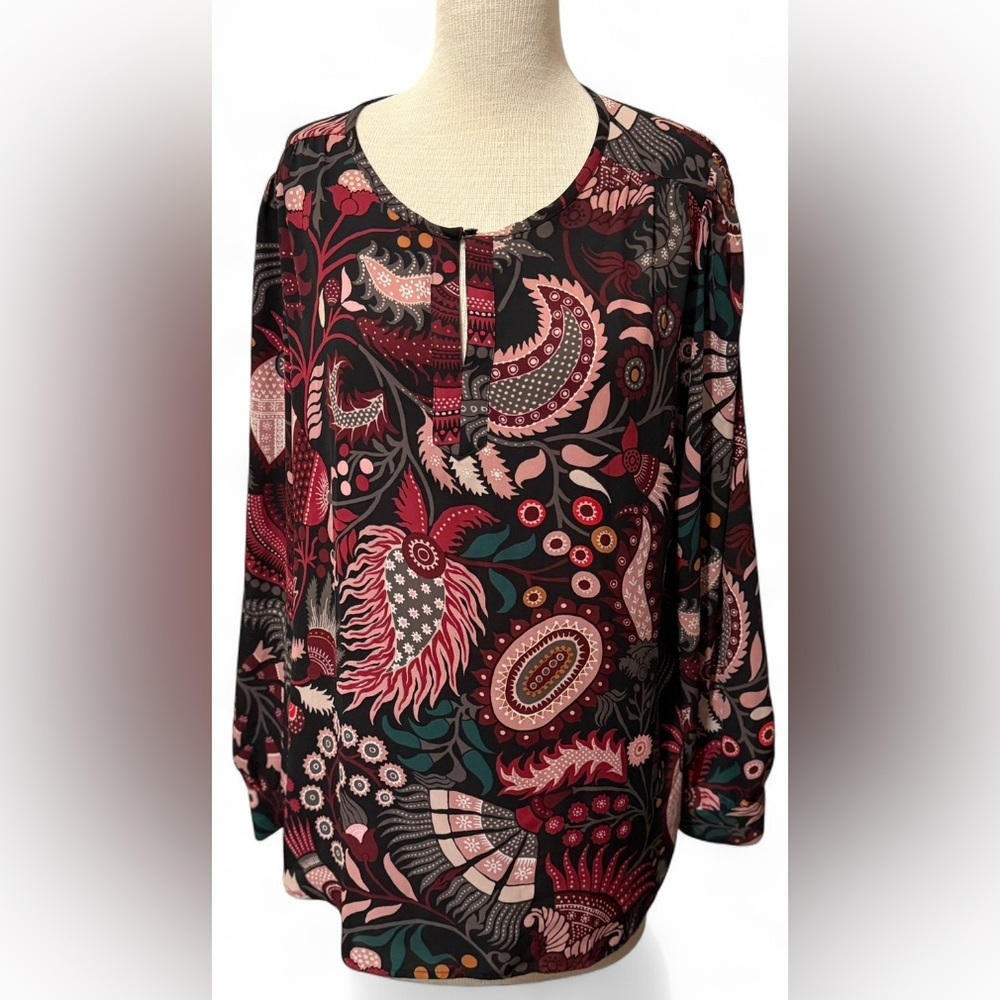 LOFT Paisley Tunic Top Black Red Boho Flowy Long Sleeve Size L